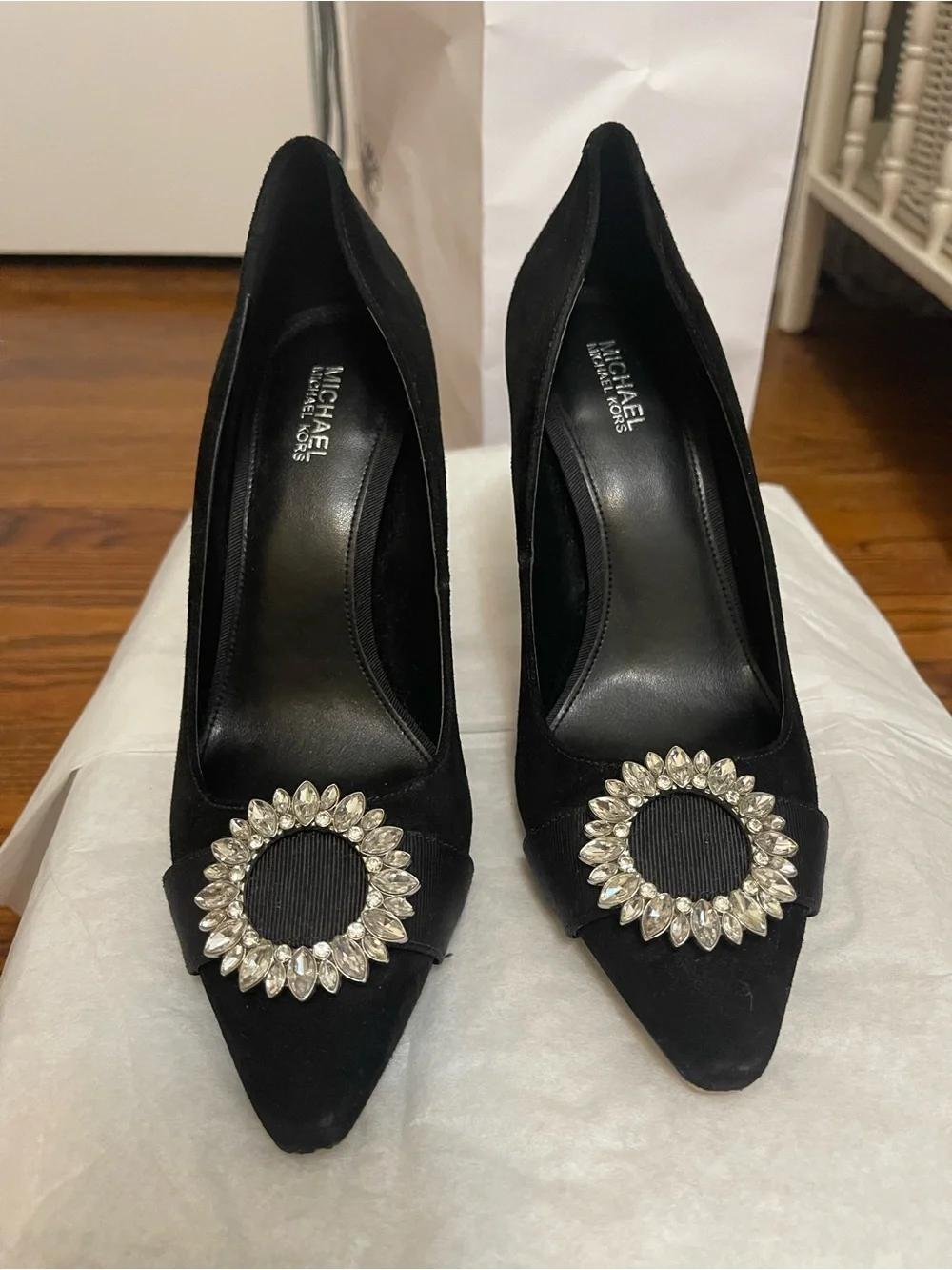 Michael Kors Black Suede Pointed-Toe Pumps with Crystal Rosette